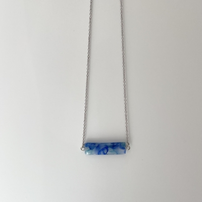 translucent with blue shades small necklace from polymer clay, resin and surgical stainless steel chain 