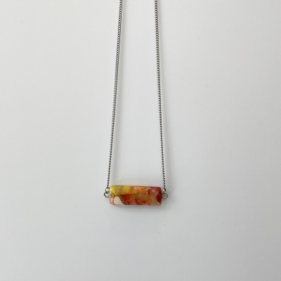 translucent with red, yellow, white and gold leafs shades small necklace from polymer clay, resin and surgical stainless steel chain 