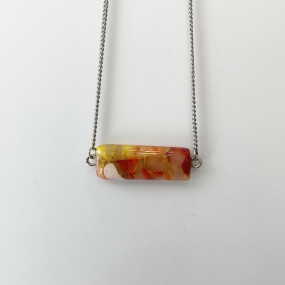 translucent with red, yellow, white and gold leafs shades small necklace from polymer clay, resin and surgical stainless steel chain 