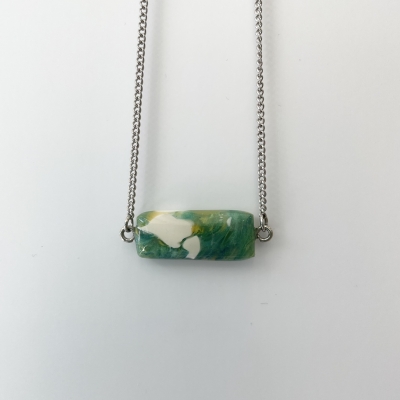 green, yellow, white shades small necklace from polymer clay, resin and surgical stainless steel chain 