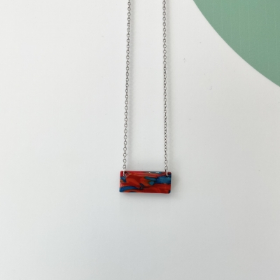 handmade red, blue, orange shades small necklace from polymer clay, resin and stainless steel chain