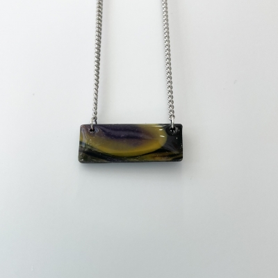 black with ochra rectangle motif, polymer clay and resin necklace, surgical stainless steel chain