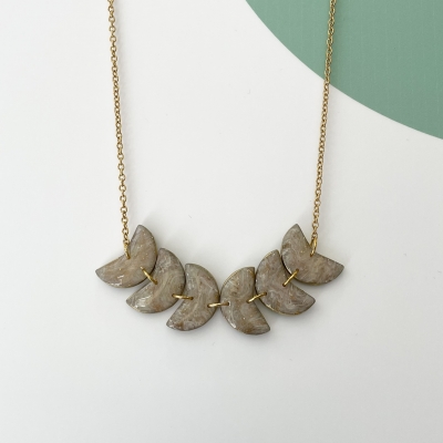 beige, gray and cold leafs polymer clay necklace with resin and gold surgical stainless steel chain