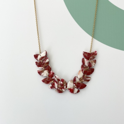 dark red, white and red leafs polymer clay andresin necklace with gold surgical stainless steel chain
