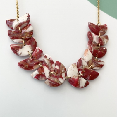 dark red, white and red leafs polymer clay andresin necklace with gold surgical stainless steel chain