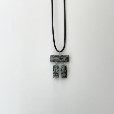 gray and emerald necklace from polymer clay and resin with snake cord