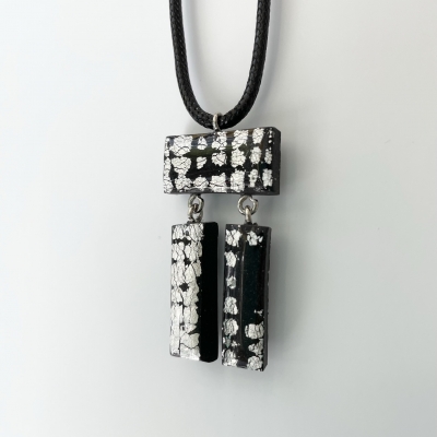 black with silver leaf necklace from polymer clay and resin with black cord