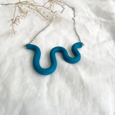 abstract light blue curvy handmade polymer clay necklace with surgical stainless steel chain