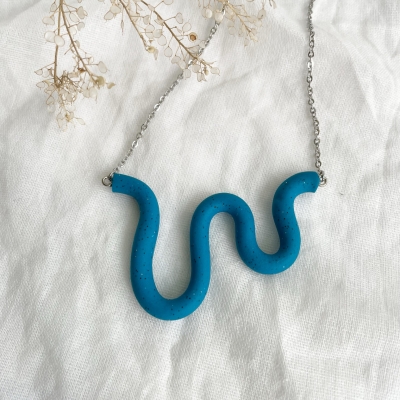 abstract denim blue curvy handmade polymer clay necklace with surgical stainless steel chain
