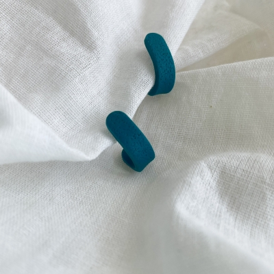 handmade, small, greenblue / petrol hoop earrings made from polymer clay