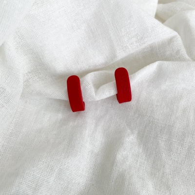 handmade, small, red hoop earring made from polymer clay