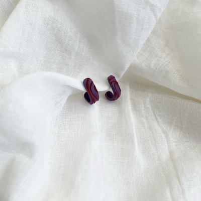 handmade, small, dark purple textured with red lines hoop earrings from polymer clay