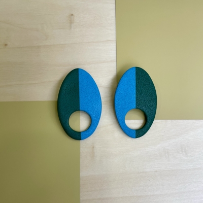 handmade light blue and dark green oval polymer clay earrings with stainless steel backs