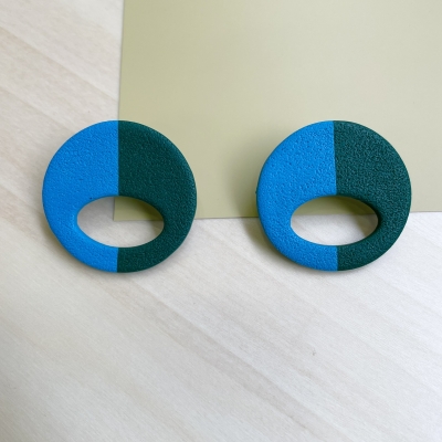 handmade light blue and dark green abstract circle polymer clay earrings with stainless steel backs