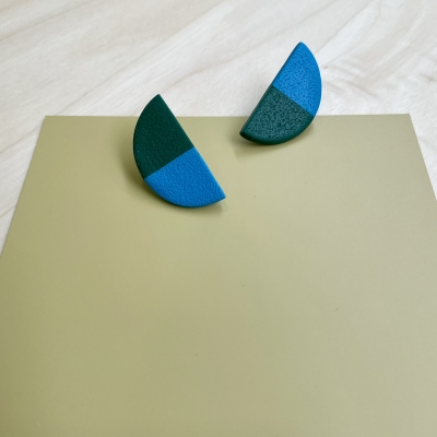 handmade light blue and dark green little half circle polymer clay earrings with stainless steel backs