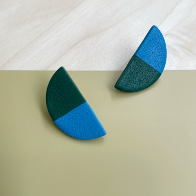 handmade light blue and dark green little half circle polymer clay earrings with stainless steel backs