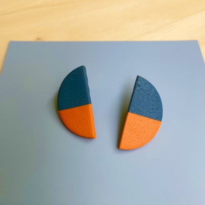 handmade orange grey half circle/ half moon polymer clay earrings with stainless steel backs
