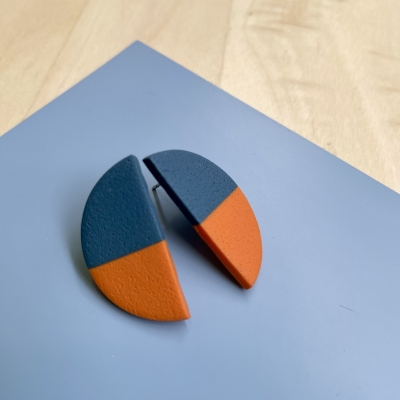 handmade orange grey half circle/ half moon polymer clay earrings with stainless steel backs