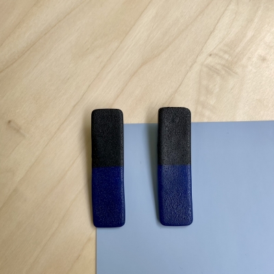 handmade half black, half translucent blue long reclangle polymer clay earrings with stainless steel backs