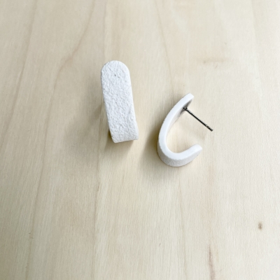 handmade, small, white hoop earrings made from polymer clay