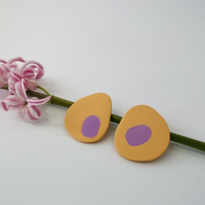 handmade abstract polymer clay earrings , yellow and lilac with stainless steel backs