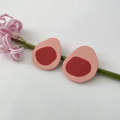 handmade polymer clay earrings, abstract circle red and flesh pink with stainless steel backs