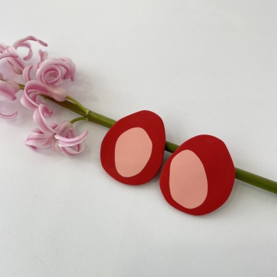 handmade polymer clay earrings, abstract red and pink color with stainless steel backs 