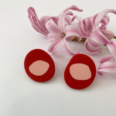 handmade polymer clay earrings abstract red circle with pink center dot and surgical stainless steel backs