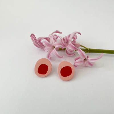 handmade abstract circle earrings flesh pink and red with stainless steel backs