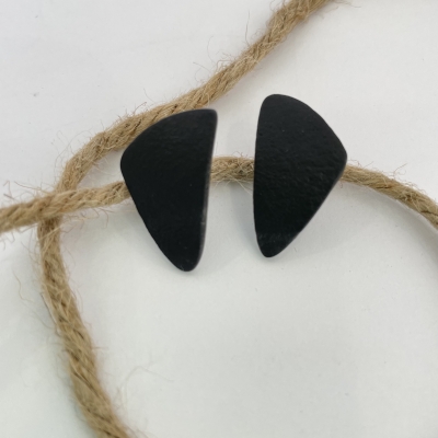 Black leather texture abstract triangle handmade polymer clay earrings with stainless steel backs 