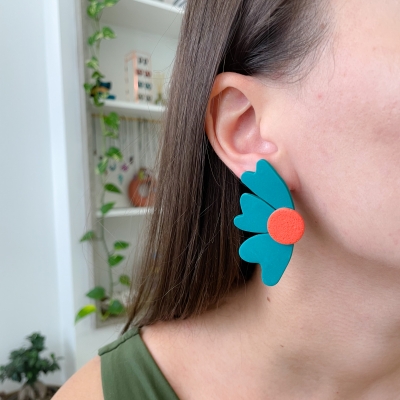 handcracted emerald abstract flower polymer clay earrings with surgical stainless steel backs