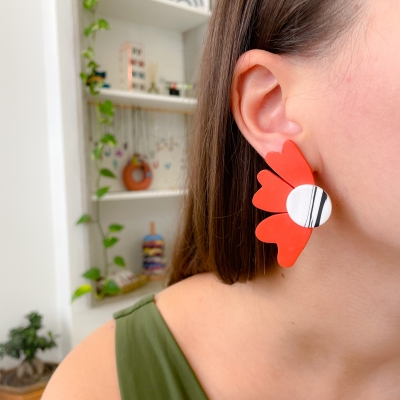 handcracted orange abstract flower polymer clay earrings with surgical stainless steel backs