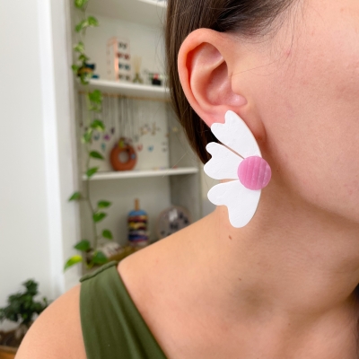 handcracted white abstract flower polymer clay earrings with surgical stainless steel backs
