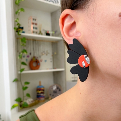 handcracted black abstract flower polymer clay earrings with surgical stainless steel backs
