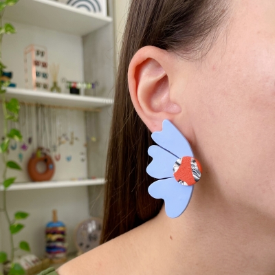 handcracted light blue abstract flower polymer clay earrings with surgical stainless steel backs