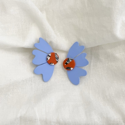 handcracted light blue abstract flower polymer clay earrings with surgical stainless steel backs
