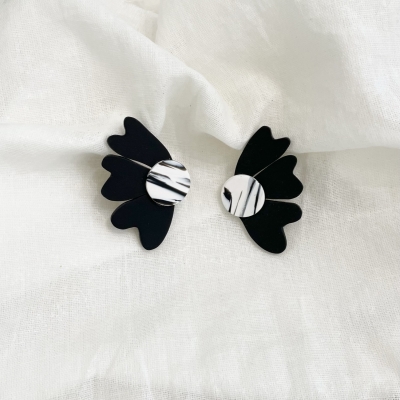 handcracted black abstract flower polymer clay earrings with surgical stainless steel backs