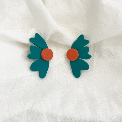 handcracted emerald abstract flower polymer clay earrings with surgical stainless steel backs