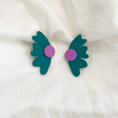 handcracted emerald abstract flower polymer clay earrings with surgical stainless steel backs