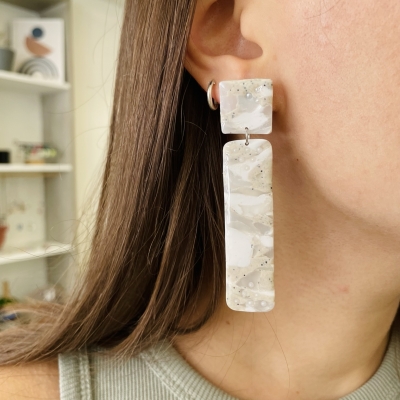 handmade abstract brital earrings with white, stony grey and translucent pattern from polymer clay