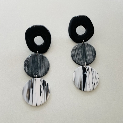 handmade three circles polymer clay earrings with black, grey and white color
