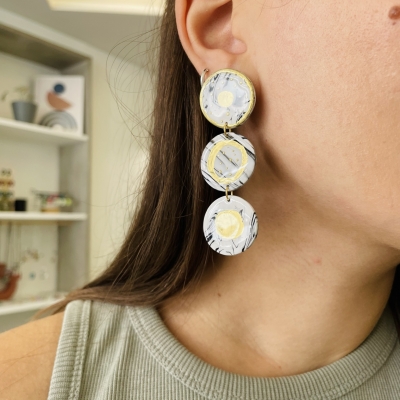 handmade polymer clay three circle, white marble with gold details earrings 