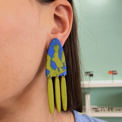 big arche green blue handmade polymer clay earrings with three green clay dangles 