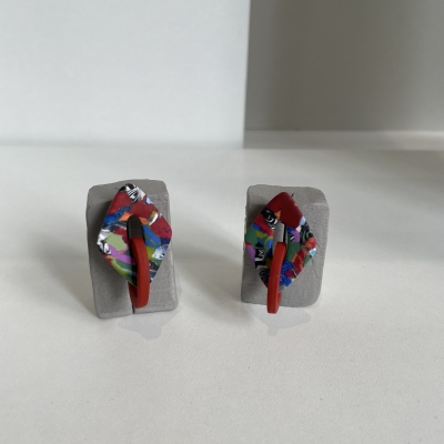 colorful polymer clay earrings with red ring and stainless steel backs