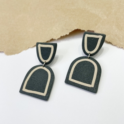  grey handmade arch shape polymer clay earrings with beige lines