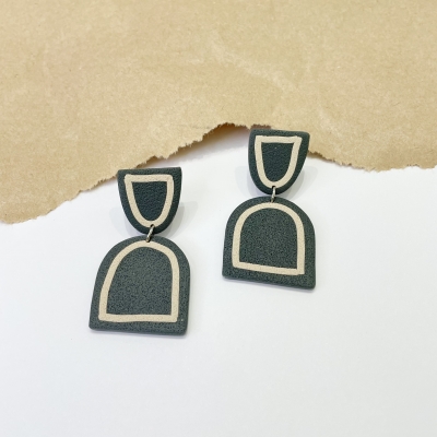  grey handmade arch shape polymer clay earrings with beige lines