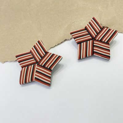 handmade polymer clay earrings three stripes star, stainless steel backs