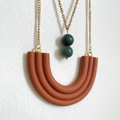 handcrafted necklace with a terracotta polymer clay motif and agate stones, stainless steel chain