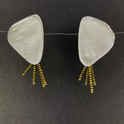 abstract shape polymer clay handcrafted earrings with silver shiny serface, gold bead tail and stainless steel backs