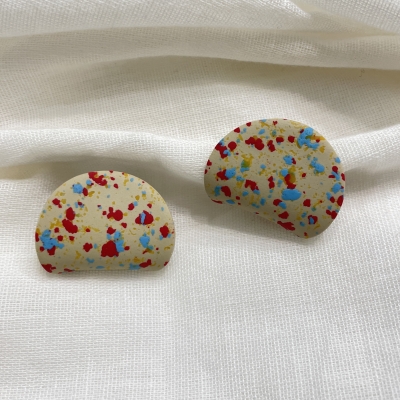 Handcrafted polymer clay earrings cream terrazzo and curved circle shape stainless steel backs 